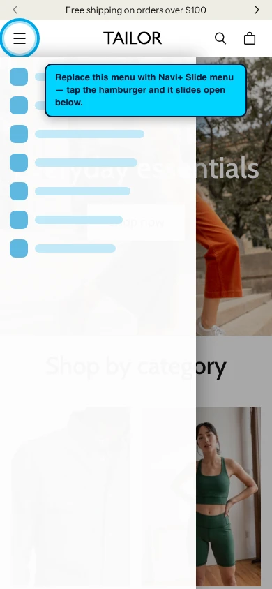 Navi+ Slide Menu on the Tailor Shopify theme Navi+ Slide Menu on the Tailor Shopify theme