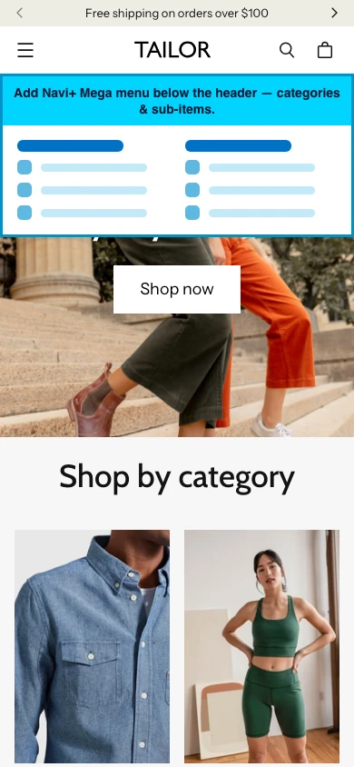 Navi+ mobile Mega Menu on the Tailor Shopify theme Navi+ mobile Mega Menu on the Tailor Shopify theme