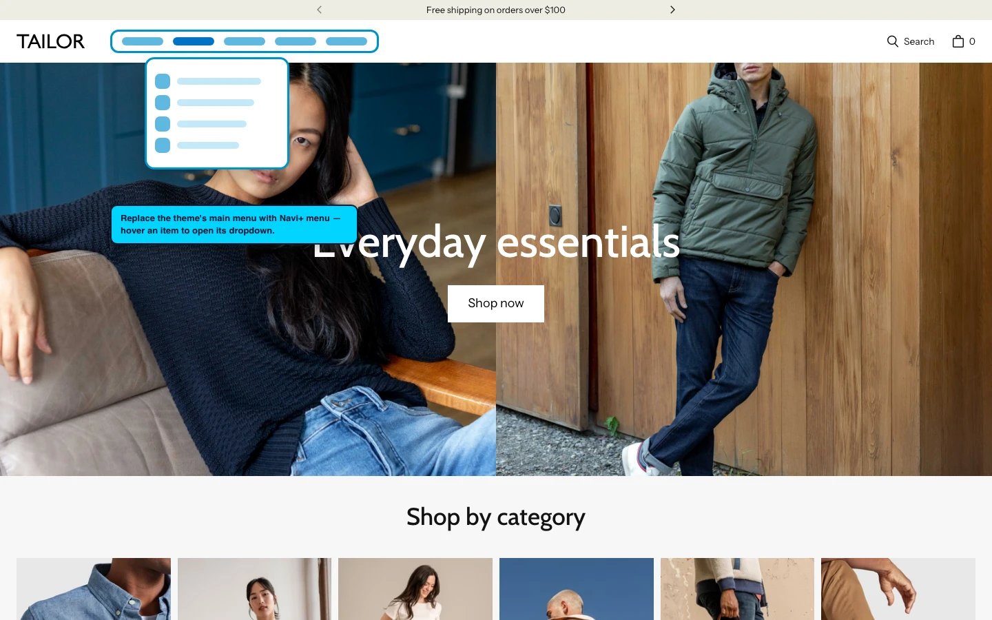 Navi+ Mega Menu replacing the desktop menu on the Tailor Shopify theme Navi+ Mega Menu replacing the desktop menu on the Tailor Shopify theme
