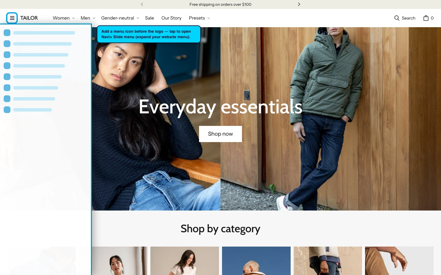 Navi+ trigger icon before the logo on the Tailor Shopify theme Navi+ trigger icon before the logo on the Tailor Shopify theme