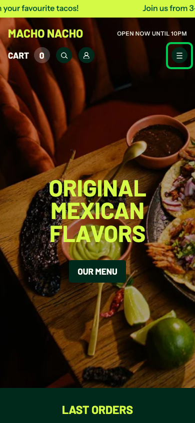 Hamburger → panel opened — Navi+ on the Takeout Shopify theme Hamburger → panel opened — Navi+ on the Takeout Shopify theme