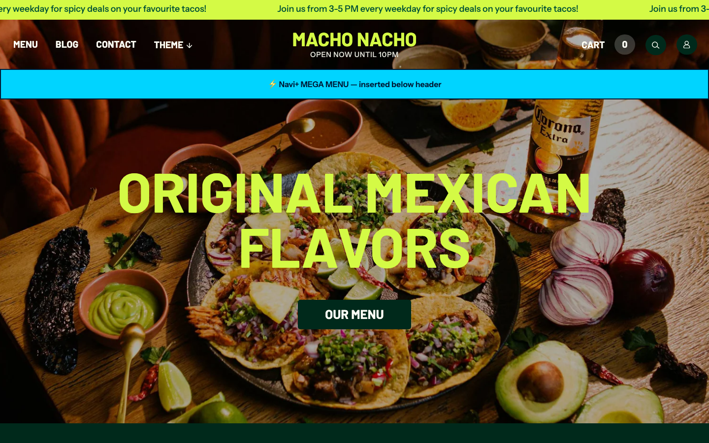 Menu inserted below header — Navi+ on the Takeout Shopify theme Menu inserted below header — Navi+ on the Takeout Shopify theme