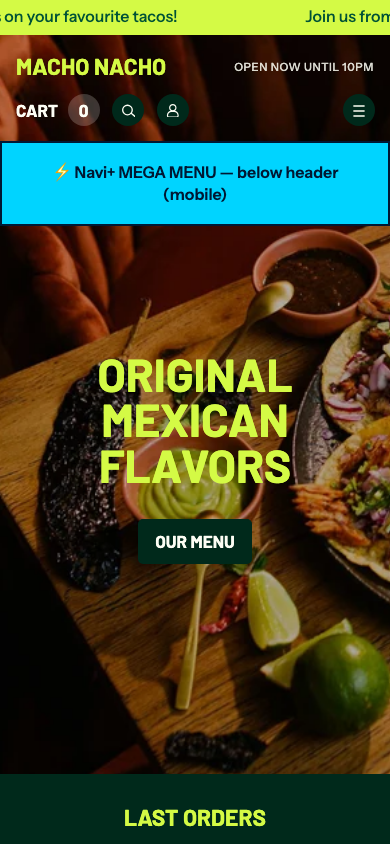 Menu inserted below header — Navi+ on the Takeout Shopify theme Menu inserted below header — Navi+ on the Takeout Shopify theme