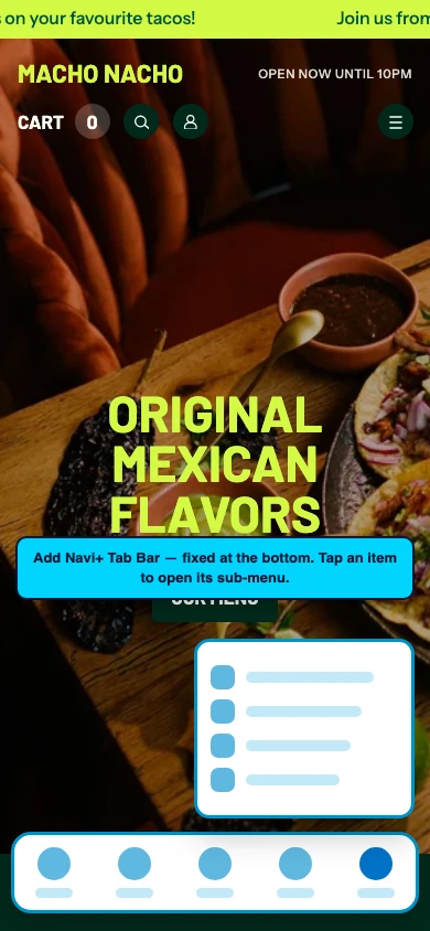 Navi+ Tab Bar on the Takeout Shopify theme Navi+ Tab Bar on the Takeout Shopify theme