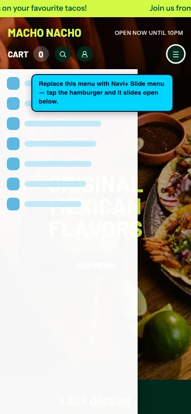 Navi+ Slide Menu on the Takeout Shopify theme Navi+ Slide Menu on the Takeout Shopify theme