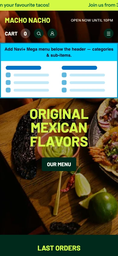 Navi+ mobile Mega Menu on the Takeout Shopify theme Navi+ mobile Mega Menu on the Takeout Shopify theme