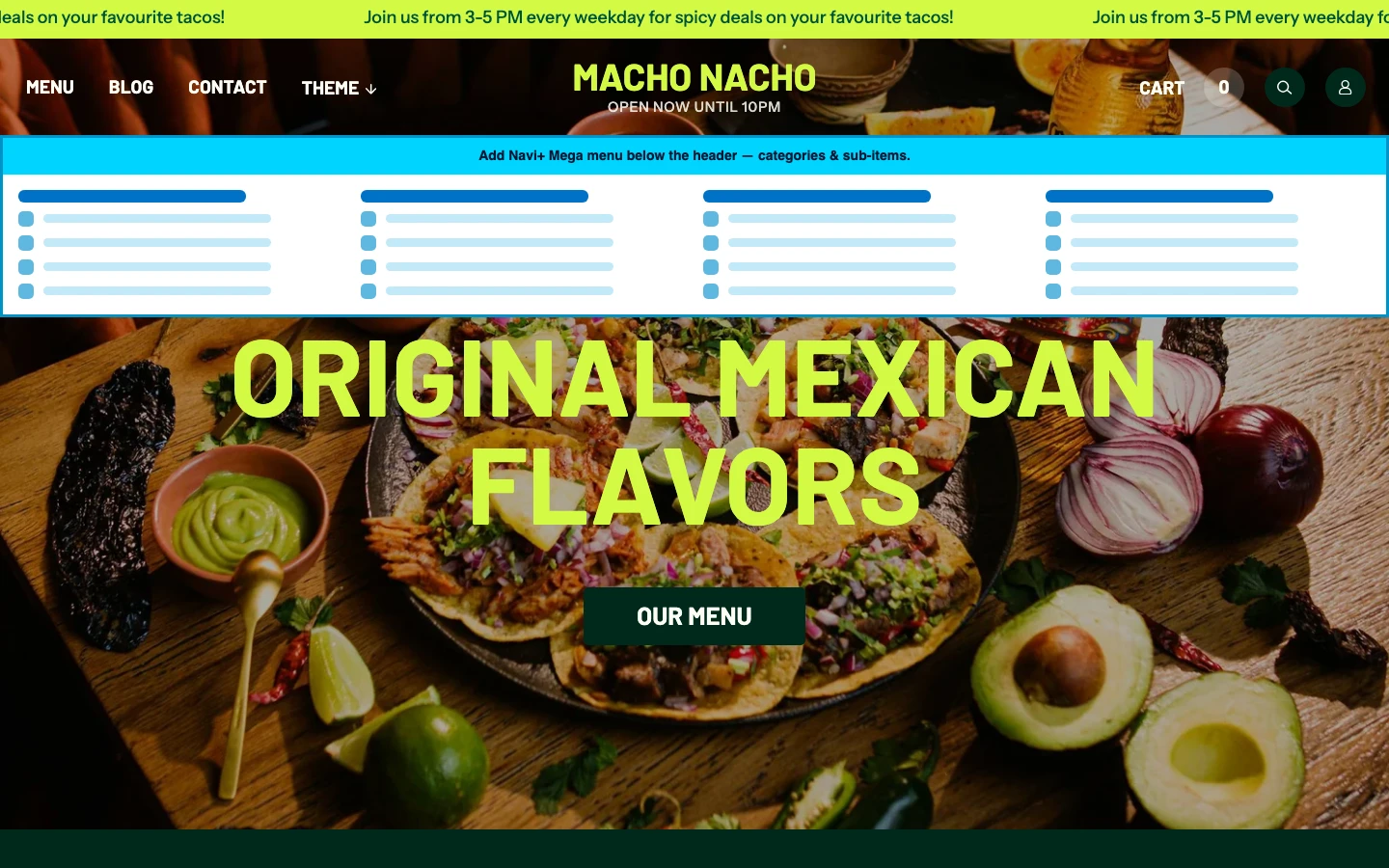 Navi+ Mega Menu inserted below the header on the Takeout Shopify theme Navi+ Mega Menu inserted below the header on the Takeout Shopify theme