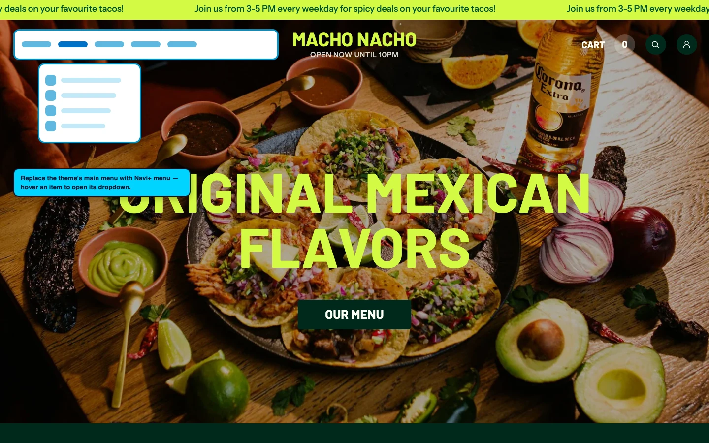 Navi+ Mega Menu replacing the desktop menu on the Takeout Shopify theme Navi+ Mega Menu replacing the desktop menu on the Takeout Shopify theme