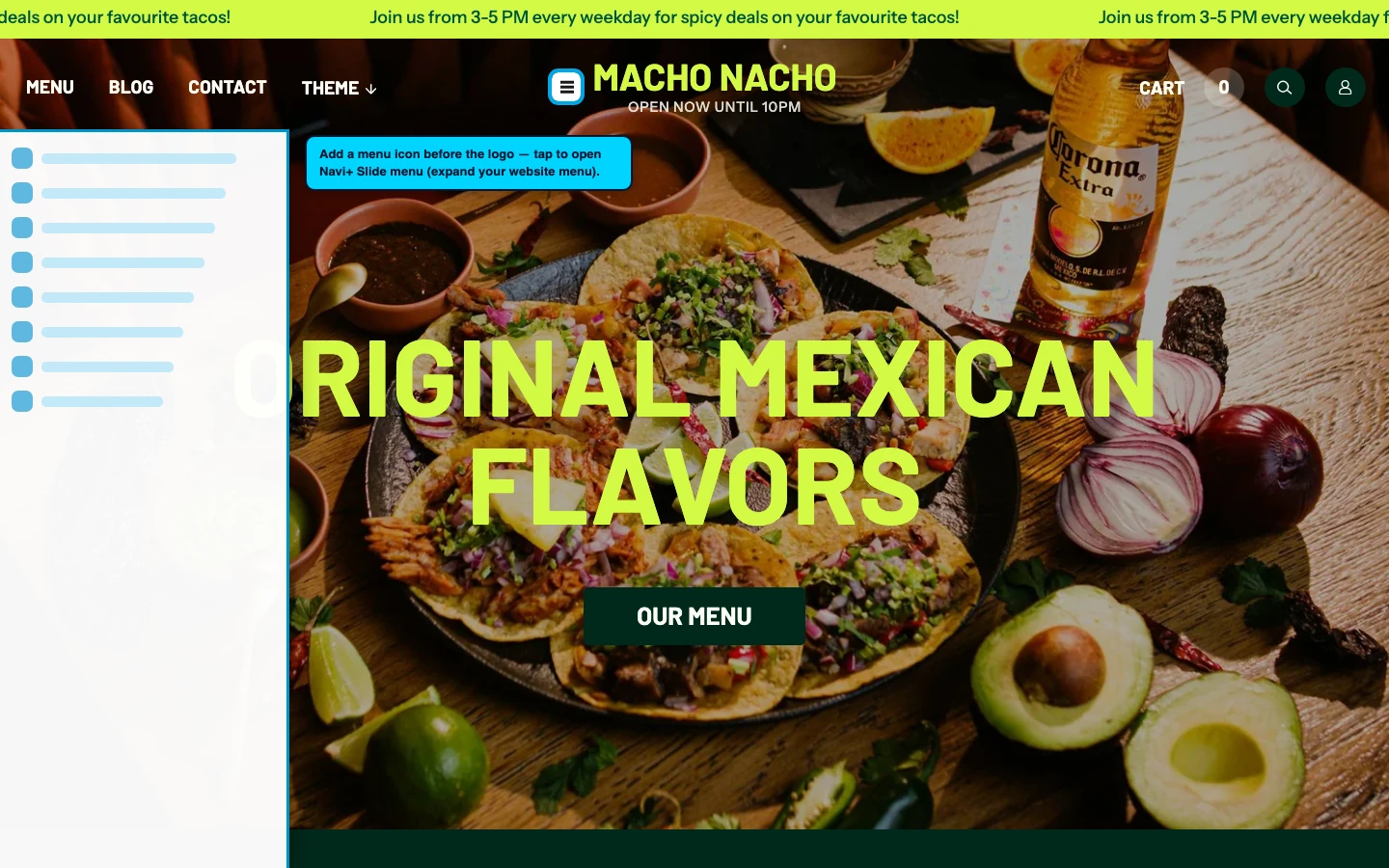 Navi+ trigger icon before the logo on the Takeout Shopify theme Navi+ trigger icon before the logo on the Takeout Shopify theme