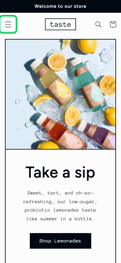 Hamburger → panel opened — Navi+ on the Taste Shopify theme