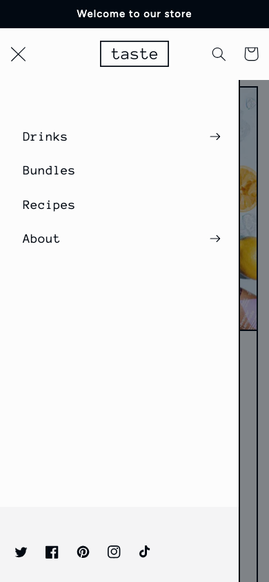 Hamburger → panel opened — Navi+ on the Taste Shopify theme