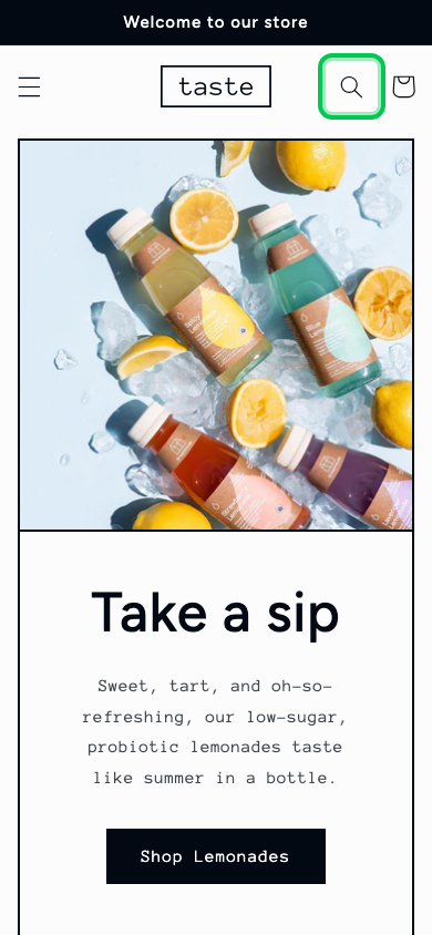 Search → panel opened — Navi+ on the Taste Shopify theme