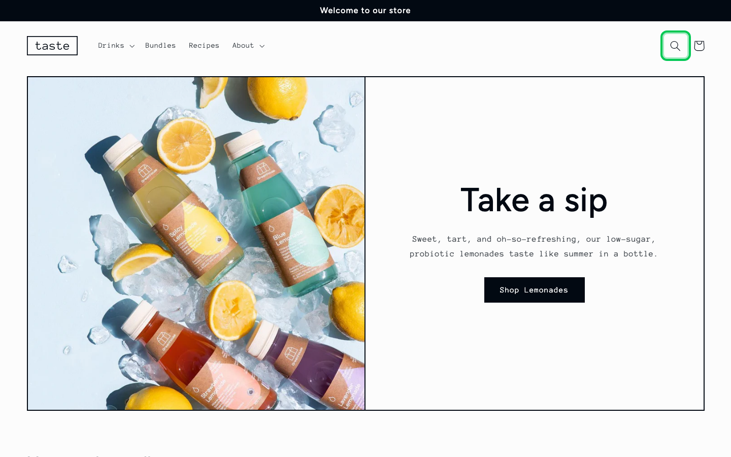 Search → panel opened — Navi+ on the Taste Shopify theme