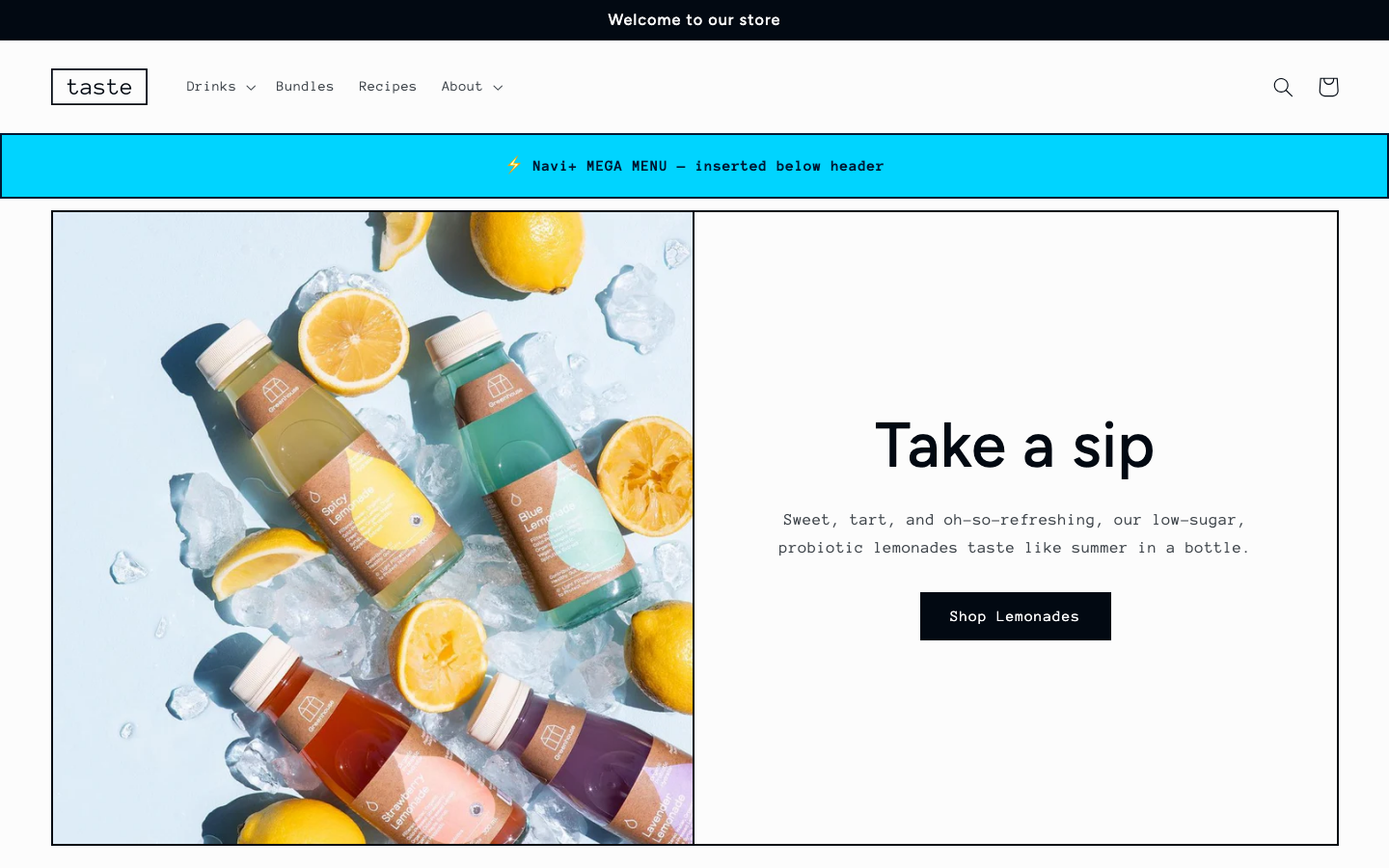 Menu inserted below header — Navi+ on the Taste Shopify theme