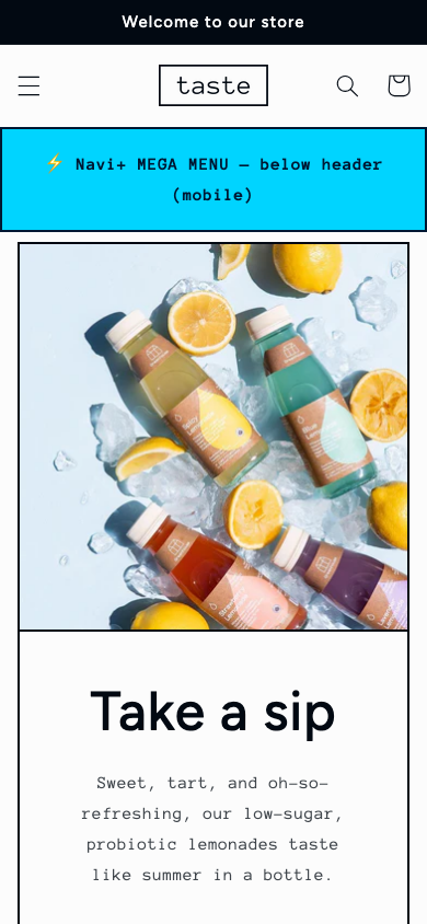 Menu inserted below header — Navi+ on the Taste Shopify theme