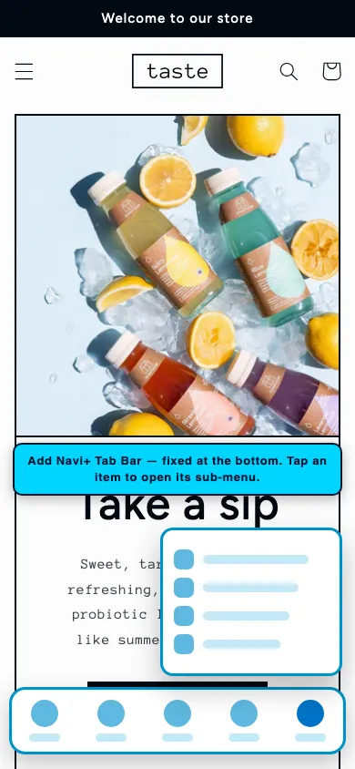 Navi+ Tab Bar on the Taste Shopify theme Navi+ Tab Bar on the Taste Shopify theme