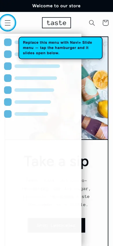 Navi+ Slide Menu on the Taste Shopify theme Navi+ Slide Menu on the Taste Shopify theme
