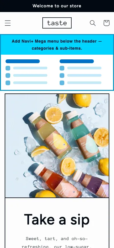 Navi+ mobile Mega Menu on the Taste Shopify theme Navi+ mobile Mega Menu on the Taste Shopify theme