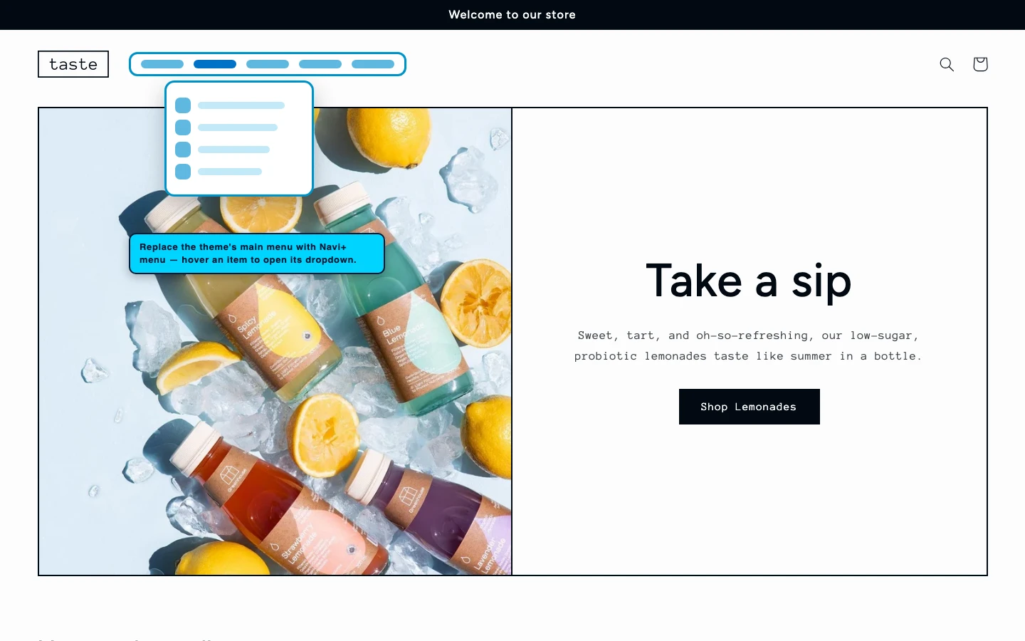 Navi+ Mega Menu replacing the desktop menu on the Taste Shopify theme Navi+ Mega Menu replacing the desktop menu on the Taste Shopify theme