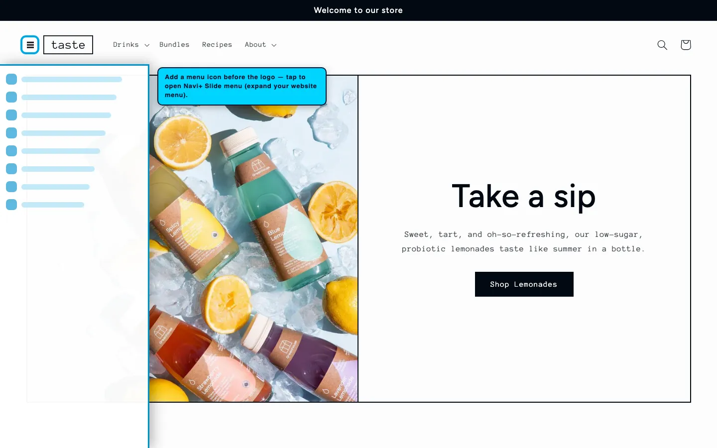 Navi+ trigger icon before the logo on the Taste Shopify theme Navi+ trigger icon before the logo on the Taste Shopify theme