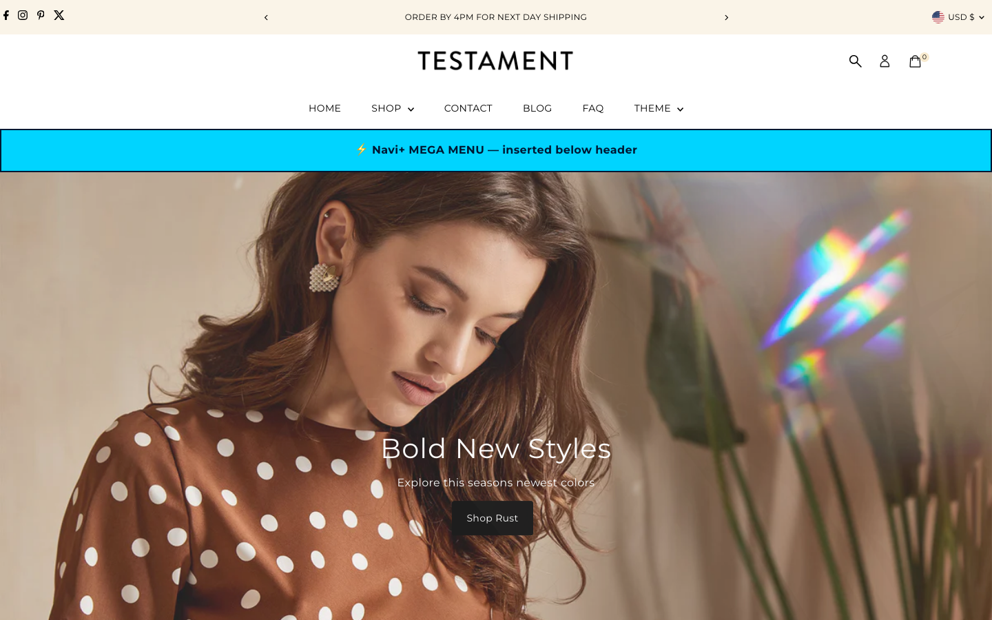 Menu inserted below header — Navi+ on the Testament Shopify theme Menu inserted below header — Navi+ on the Testament Shopify theme