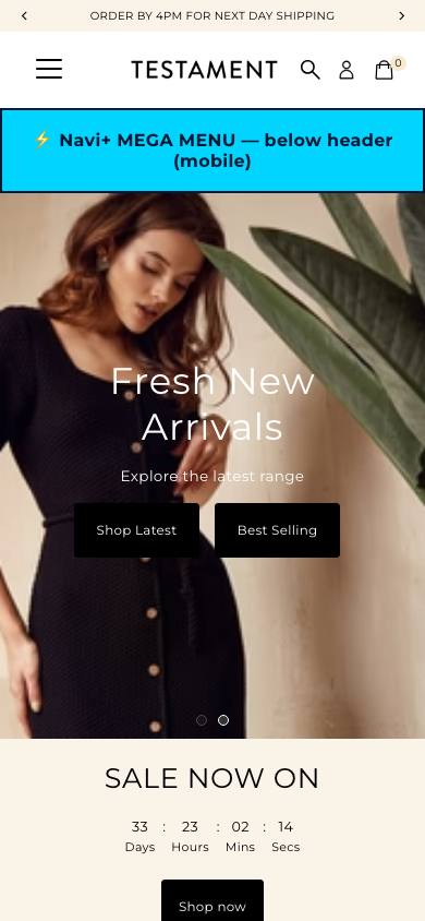 Menu inserted below header — Navi+ on the Testament Shopify theme Menu inserted below header — Navi+ on the Testament Shopify theme
