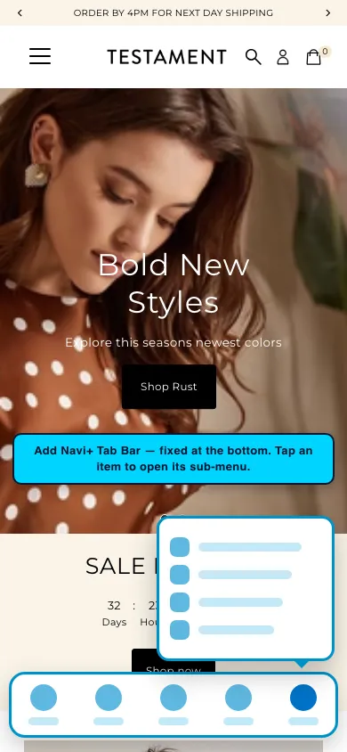 Navi+ Tab Bar on the Testament Shopify theme Navi+ Tab Bar on the Testament Shopify theme