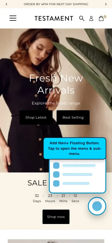 Navi+ FAB on the Testament Shopify theme Navi+ FAB on the Testament Shopify theme