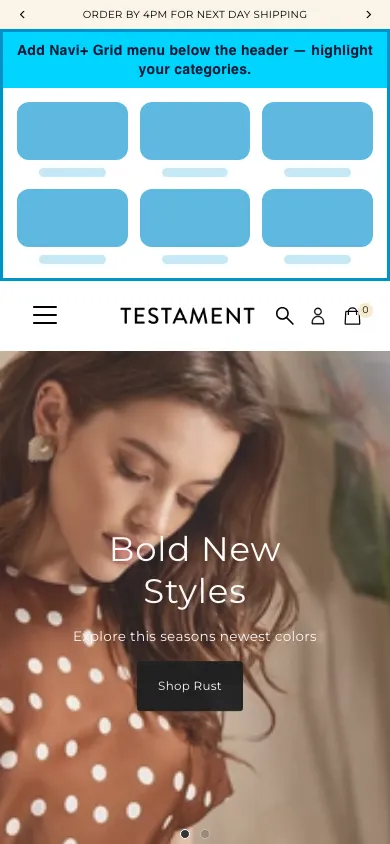 Navi+ Grid Menu on the Testament Shopify theme Navi+ Grid Menu on the Testament Shopify theme