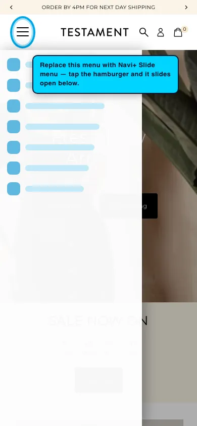 Navi+ Slide Menu on the Testament Shopify theme Navi+ Slide Menu on the Testament Shopify theme