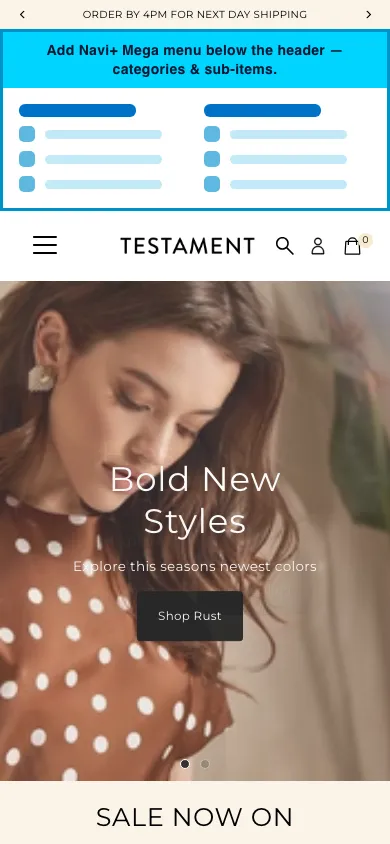 Navi+ mobile Mega Menu on the Testament Shopify theme Navi+ mobile Mega Menu on the Testament Shopify theme