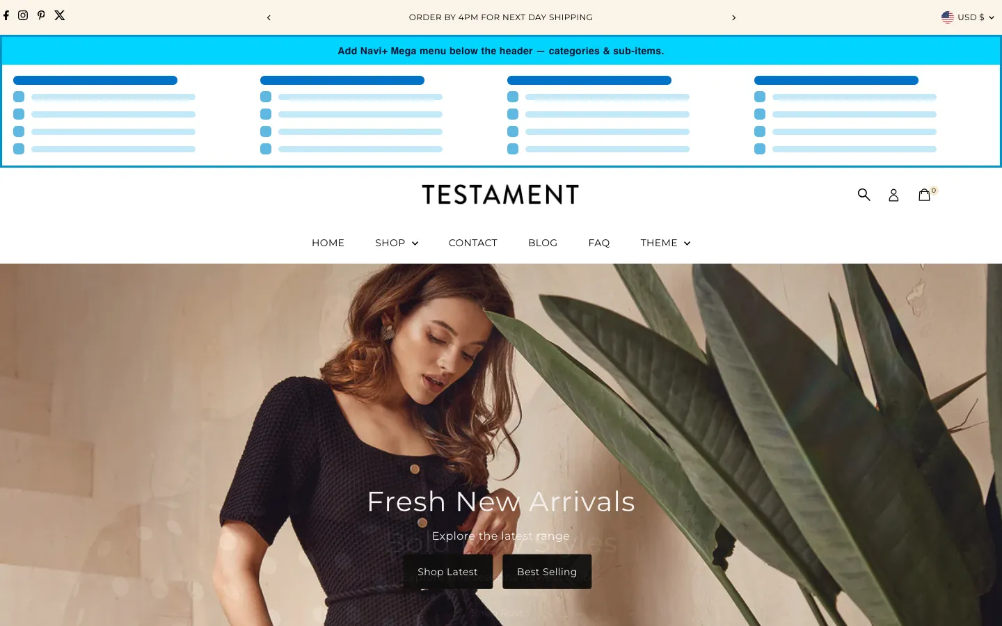 Navi+ Mega Menu inserted below the header on the Testament Shopify theme Navi+ Mega Menu inserted below the header on the Testament Shopify theme