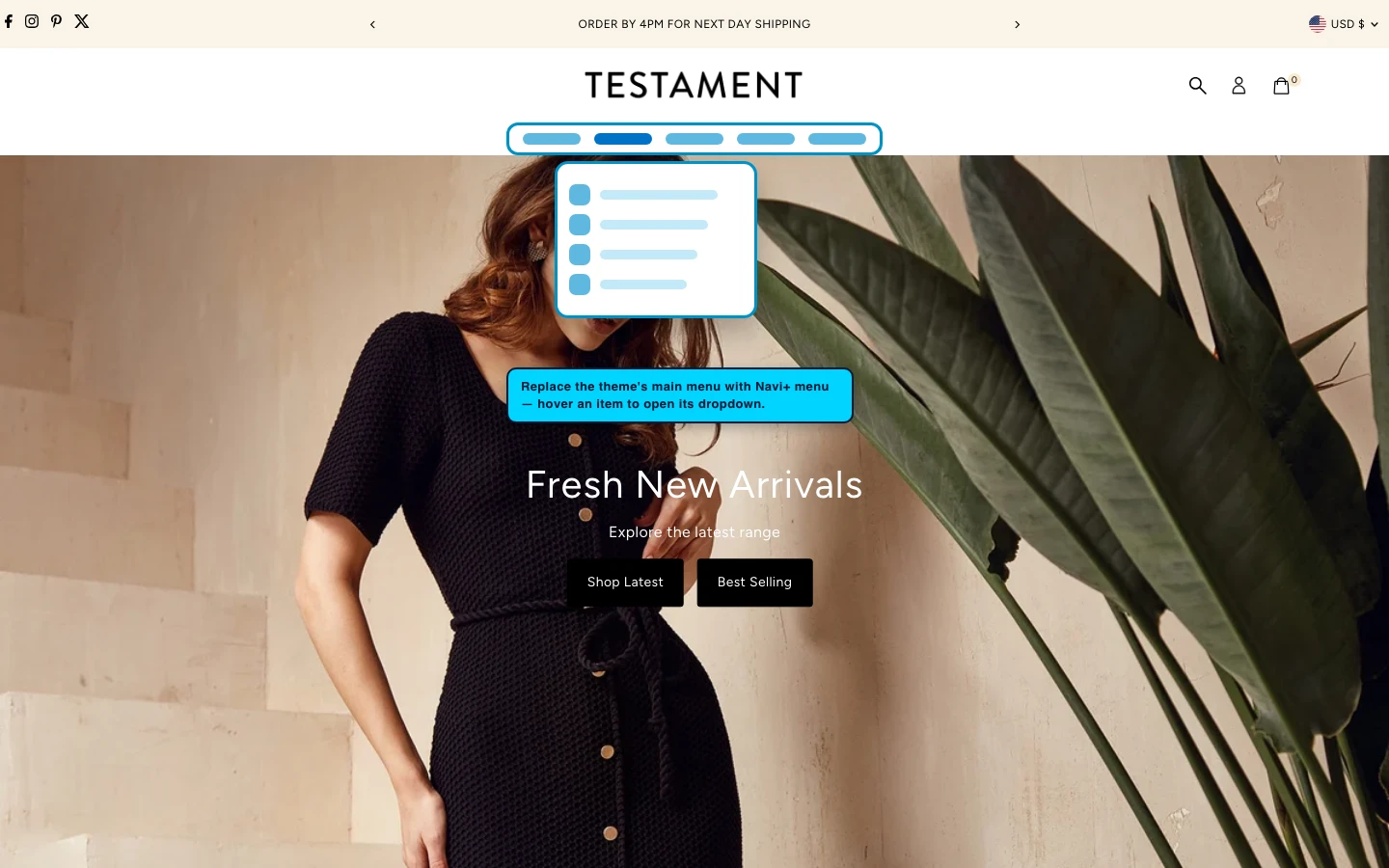 Navi+ Mega Menu replacing the desktop menu on the Testament Shopify theme