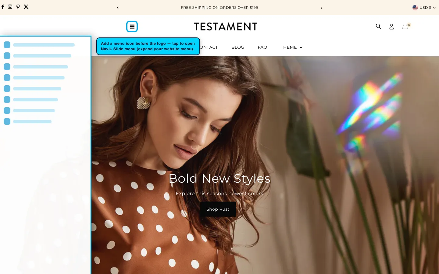 Navi+ trigger icon before the logo on the Testament Shopify theme Navi+ trigger icon before the logo on the Testament Shopify theme