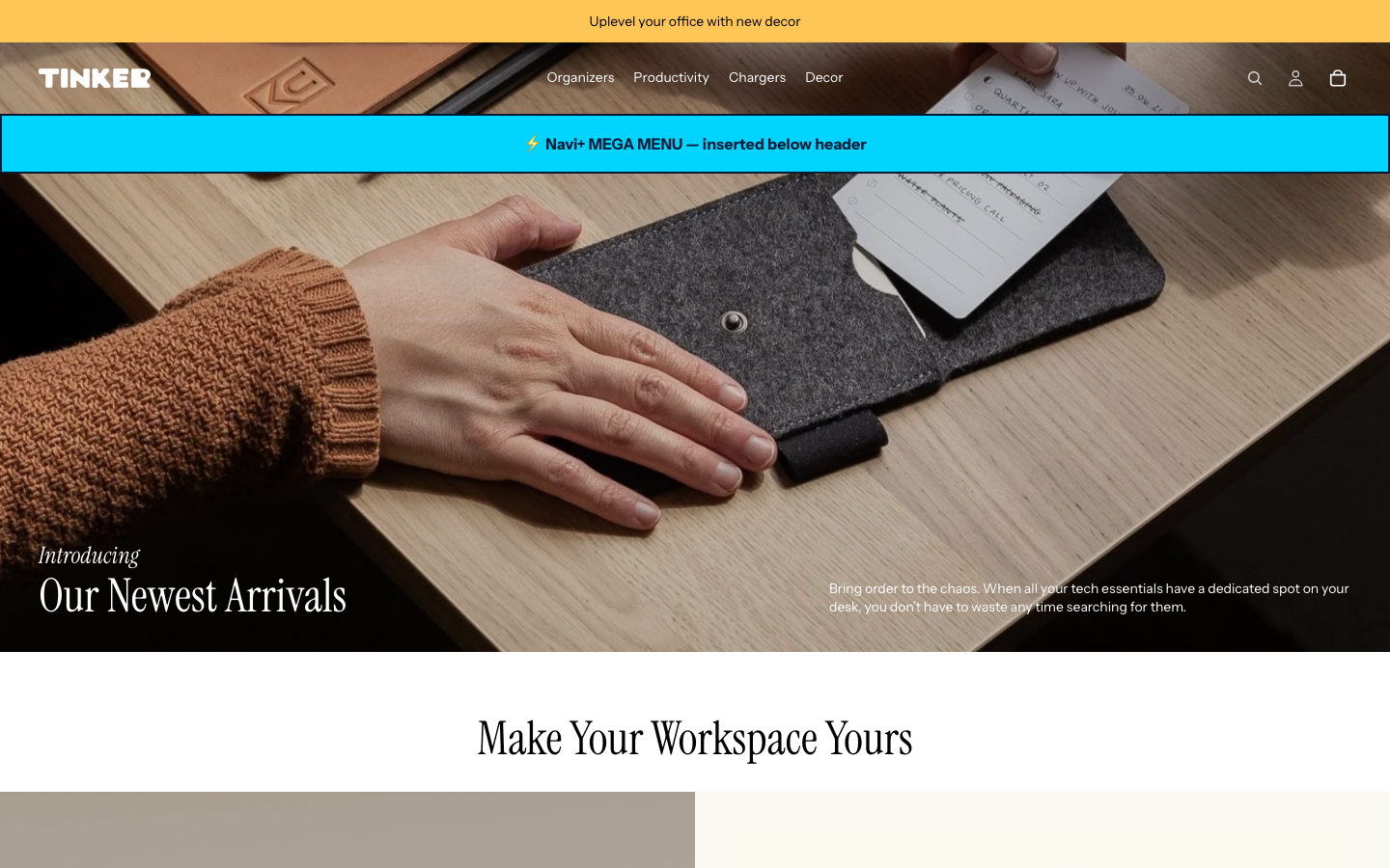 Menu inserted below header — Navi+ on the Tinker Shopify theme Menu inserted below header — Navi+ on the Tinker Shopify theme