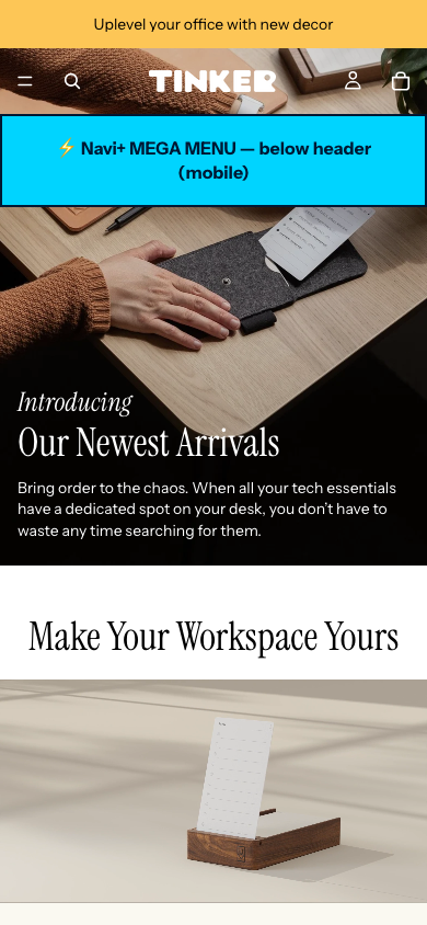 Menu inserted below header — Navi+ on the Tinker Shopify theme Menu inserted below header — Navi+ on the Tinker Shopify theme