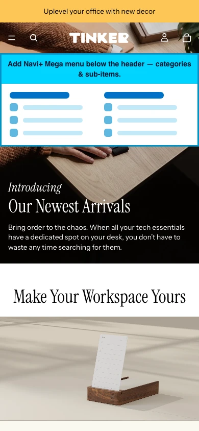Navi+ mobile Mega Menu on the Tinker Shopify theme Navi+ mobile Mega Menu on the Tinker Shopify theme