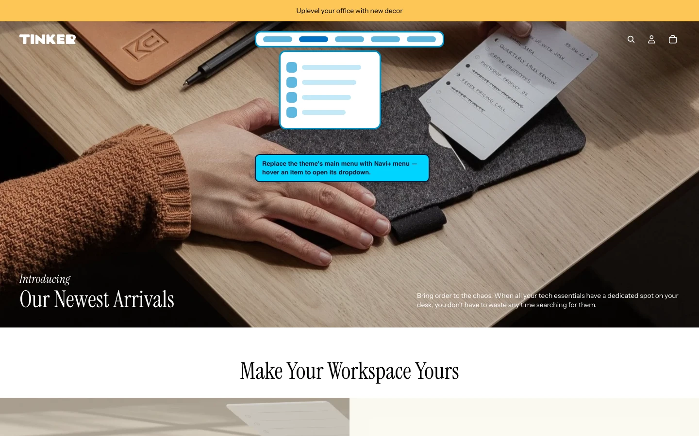 Navi+ Mega Menu replacing the desktop menu on the Tinker Shopify theme Navi+ Mega Menu replacing the desktop menu on the Tinker Shopify theme