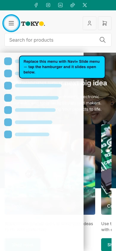 Navi+ Slide Menu on the Tokyo Shopify theme Navi+ Slide Menu on the Tokyo Shopify theme