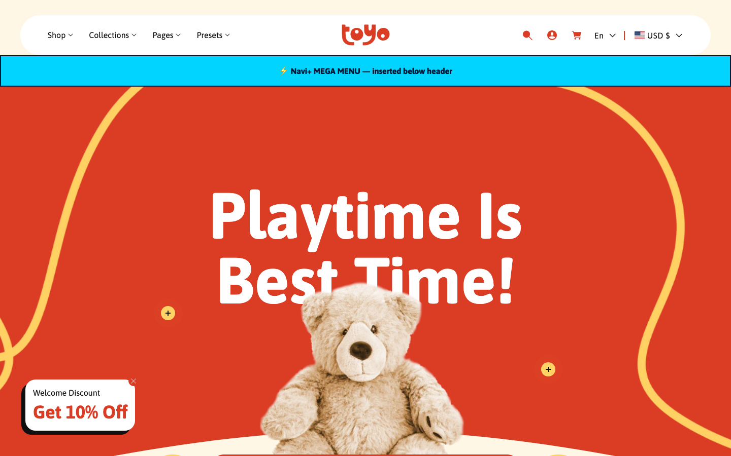 Menu inserted below header — Navi+ on the Toyo Shopify theme Menu inserted below header — Navi+ on the Toyo Shopify theme