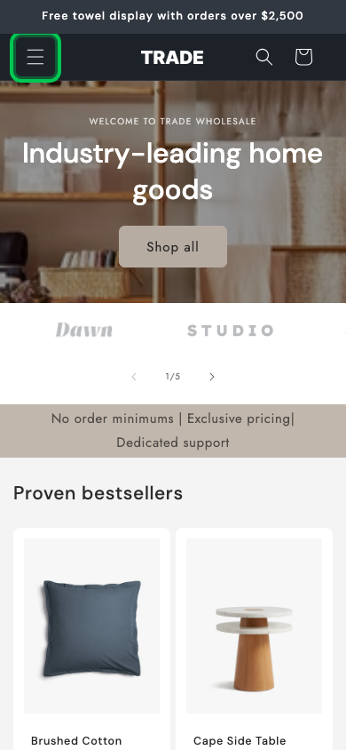 Hamburger → panel opened — Navi+ on the Trade Shopify theme