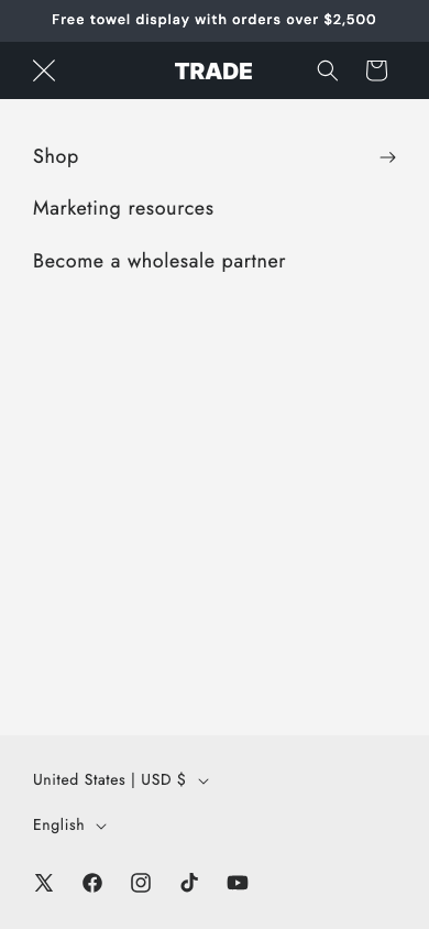 Hamburger → panel opened — Navi+ on the Trade Shopify theme