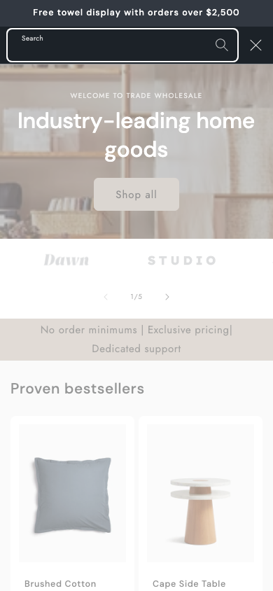 Search → panel opened — Navi+ on the Trade Shopify theme