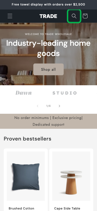 Search → panel opened — Navi+ on the Trade Shopify theme