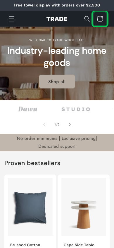 Cart → panel opened — Navi+ on the Trade Shopify theme
