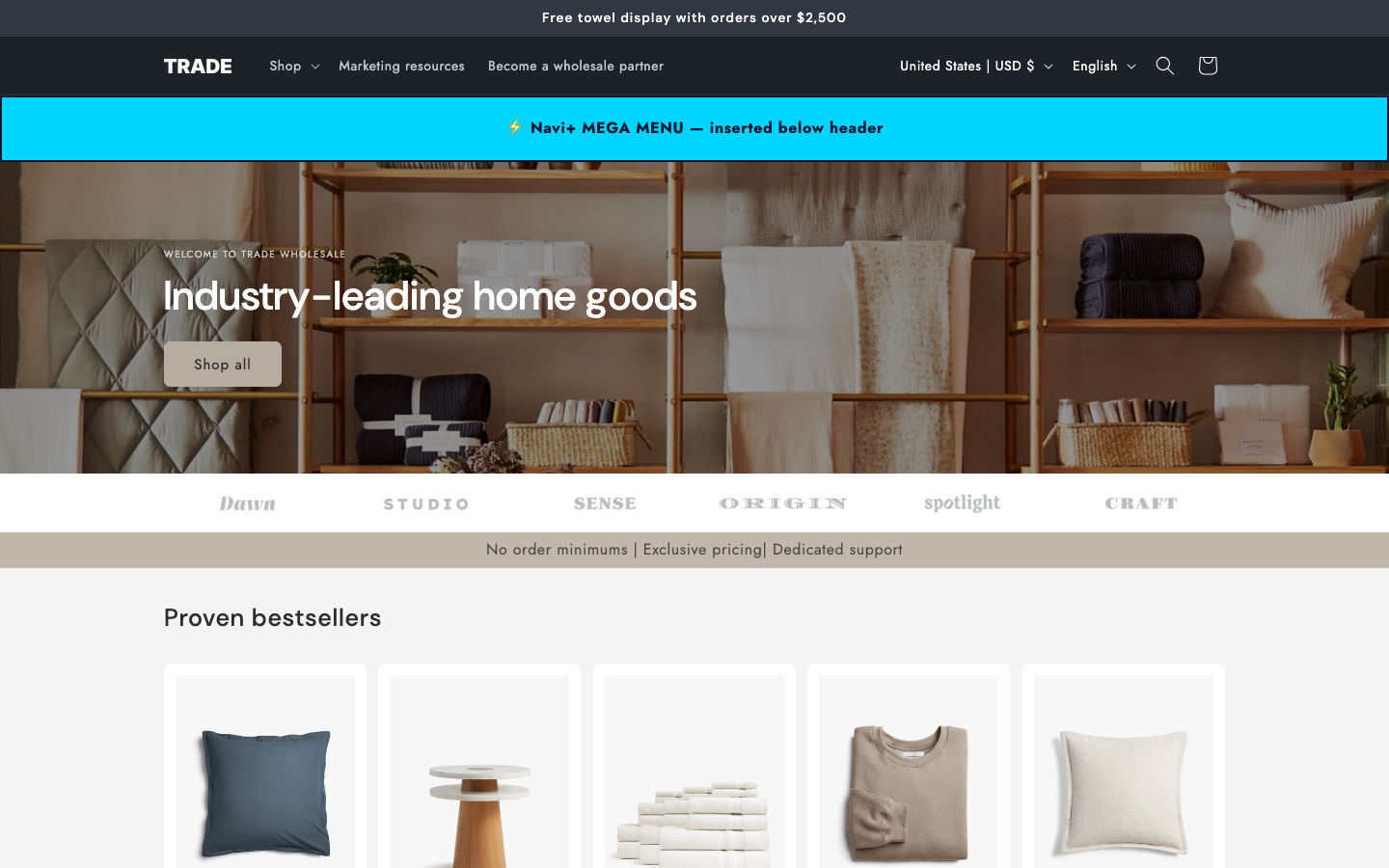 Menu inserted below header — Navi+ on the Trade Shopify theme