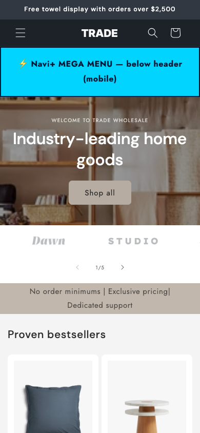 Menu inserted below header — Navi+ on the Trade Shopify theme