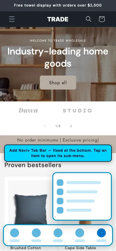Navi+ Tab Bar on the Trade Shopify theme Navi+ Tab Bar on the Trade Shopify theme