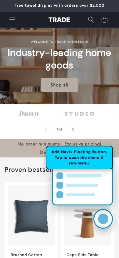 Navi+ FAB on the Trade Shopify theme Navi+ FAB on the Trade Shopify theme