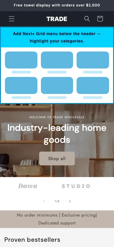 Navi+ Grid Menu on the Trade Shopify theme Navi+ Grid Menu on the Trade Shopify theme